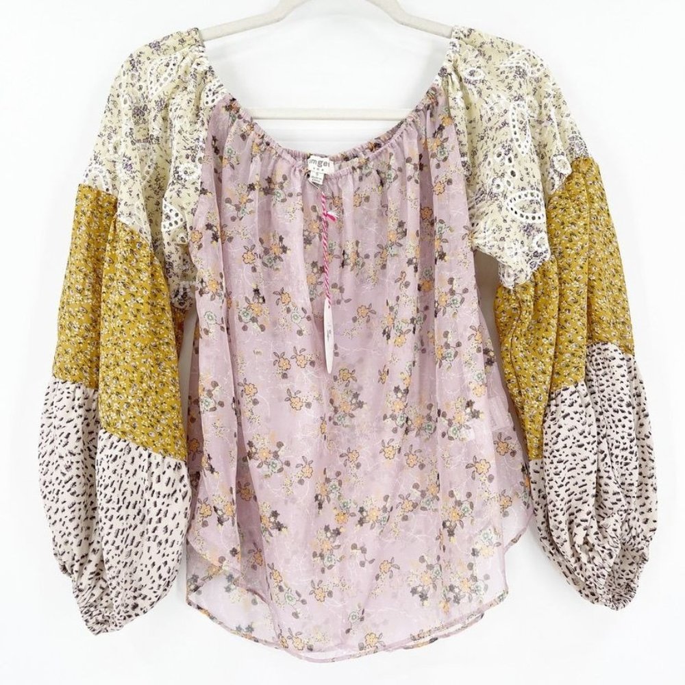 New Umgee Small Sheer Puff Long Sleeve Off Shoulder Top Boho Cottagecore Floral